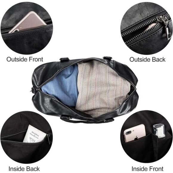 Leather Travel Bag with Shoe Pouch,Weekender Overnight Bag Waterproof PU Leather - Picture 3 of 8